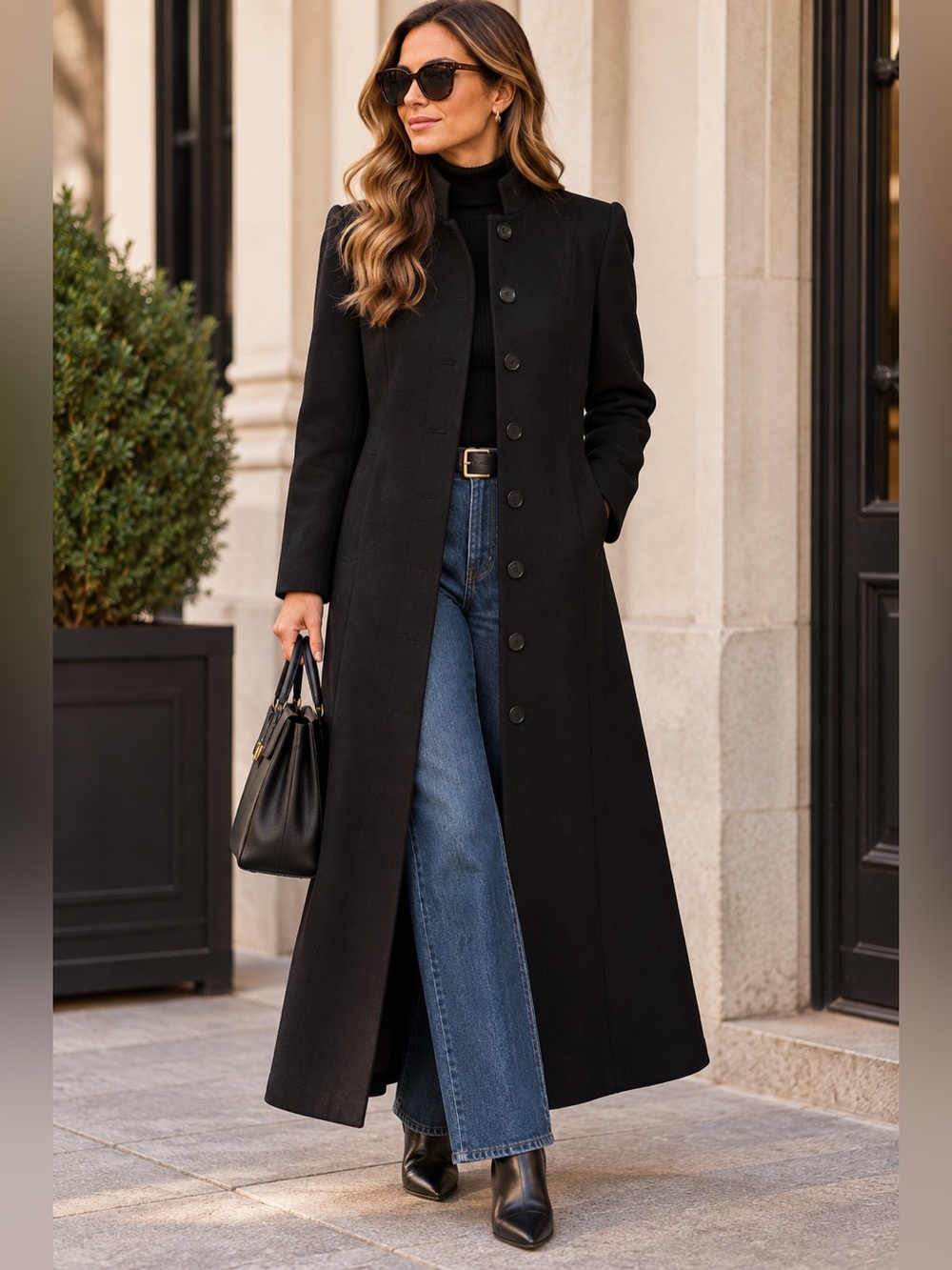 Vintage 90s Harvé Benard Black Wool Maxi Coat Long Minimalist Overcoat